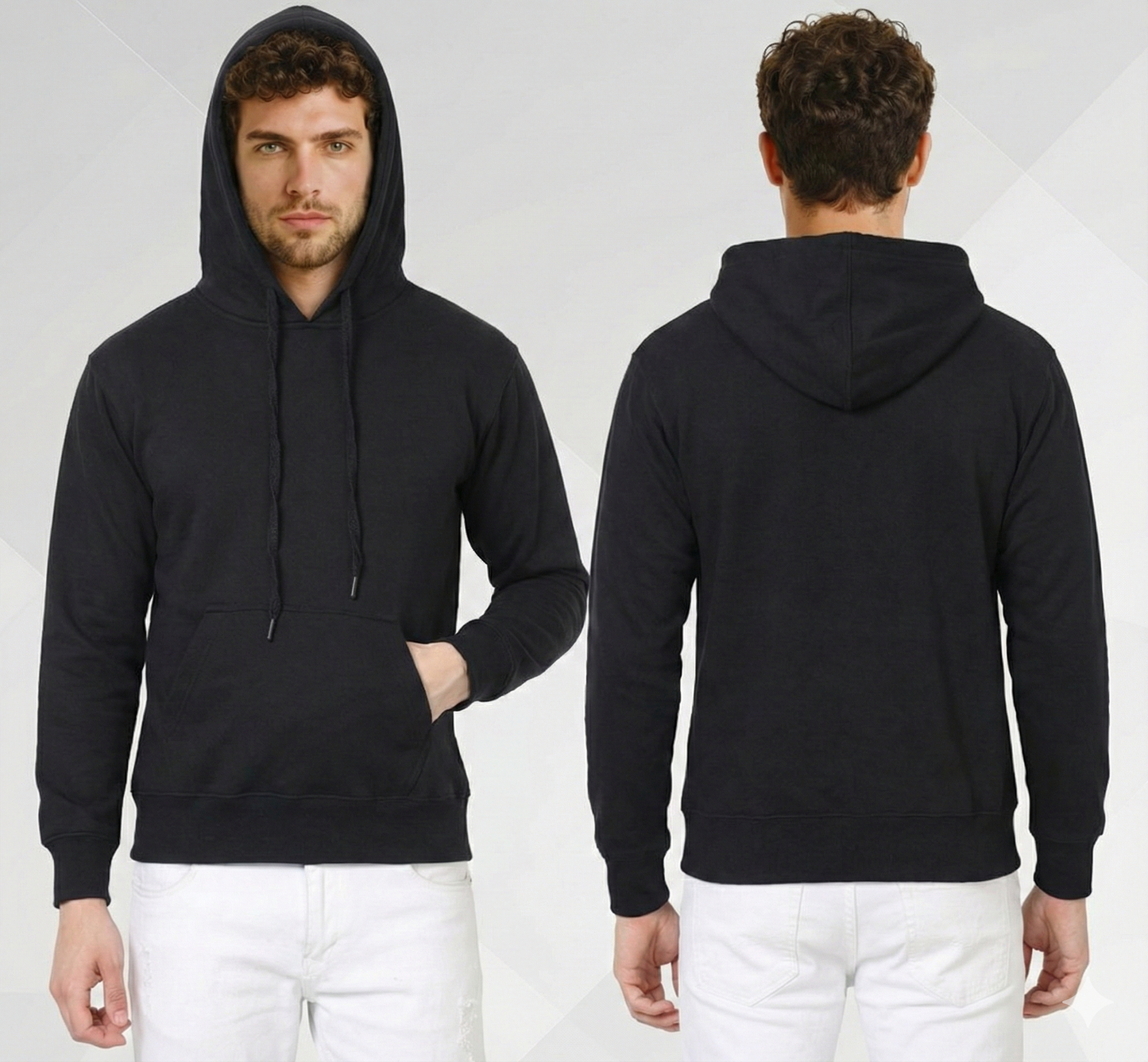 Black hoodie worn by a person, shown from front and back on a white background