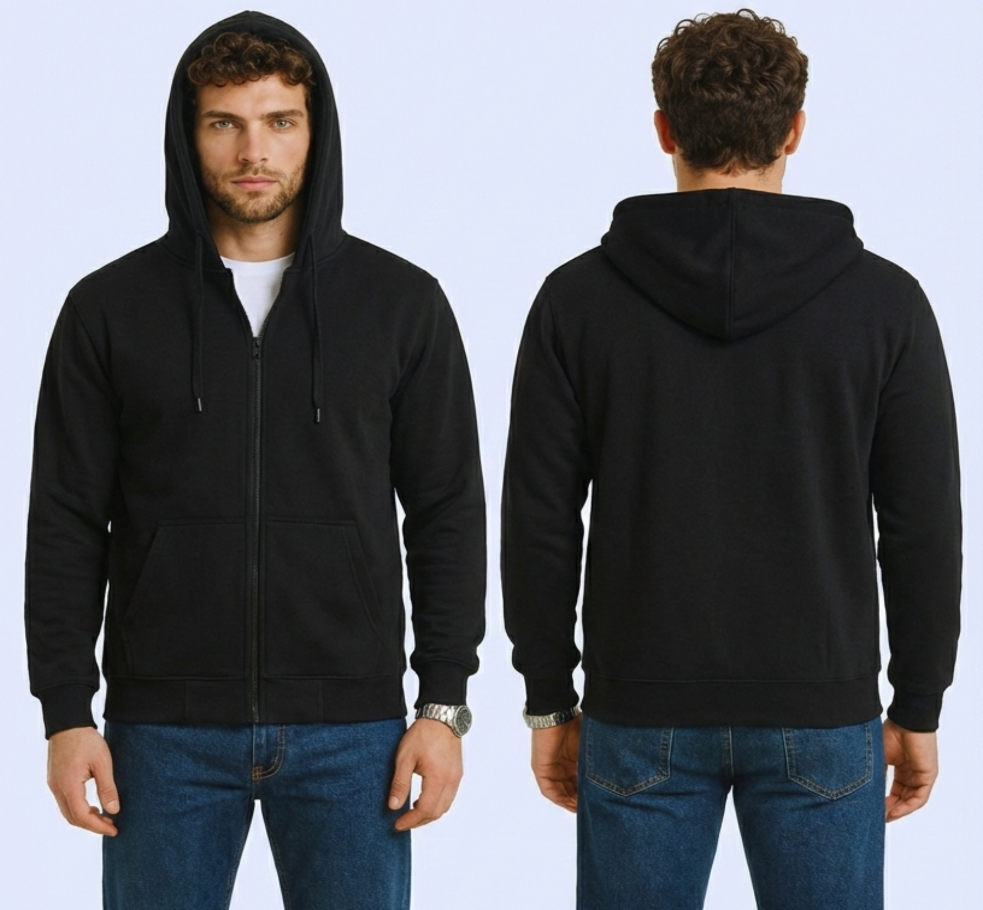 Black hoodie and blue jeans worn by a person on a white background