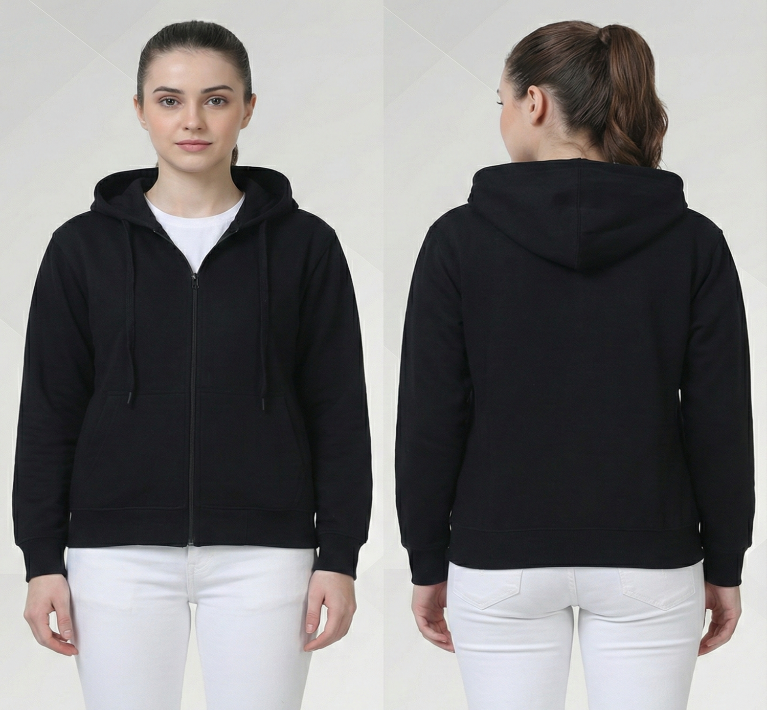 Black hoodie worn by a person on a white background