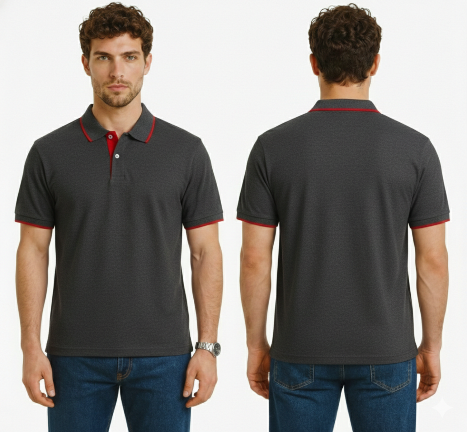 Man wearing a dark gray polo shirt with red accents, shown from front and back on a white background.