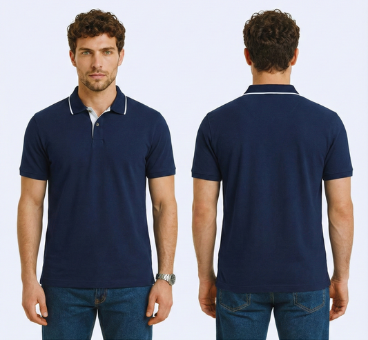 Man wearing a navy blue polo shirt with white trim, shown from front and back on a light gray background.