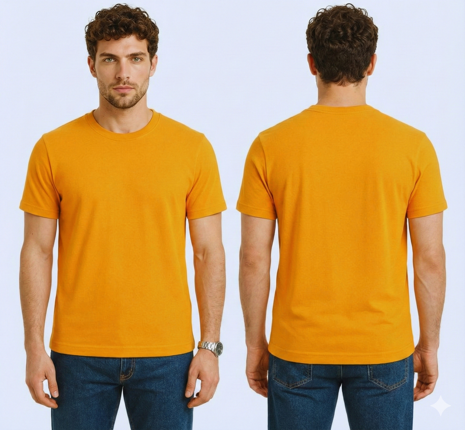 Man wearing an orange t-shirt showing front and back views against a light blue background